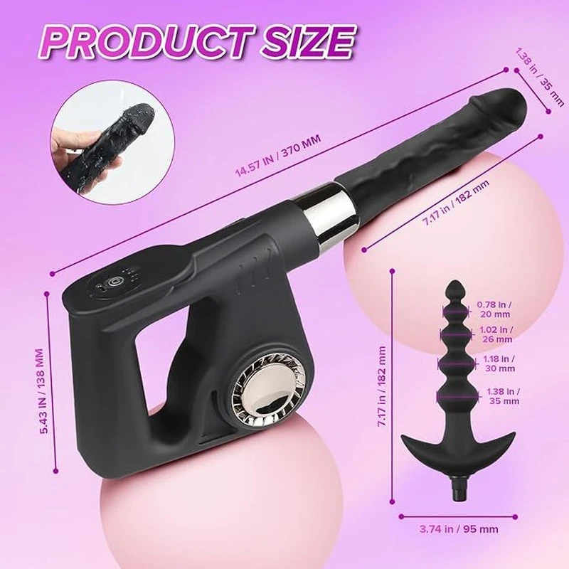 Comprehensive size guide and dimensions for the handheld massager and interchangeable heads.