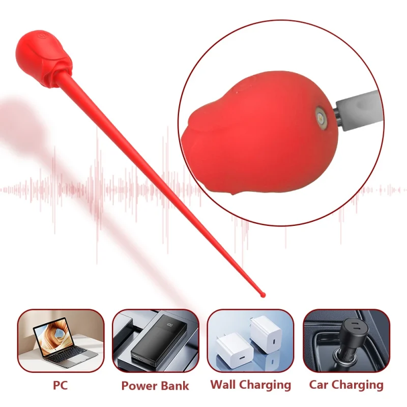 Magnetic USB charging port detail on a waterproof rose massager.