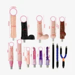 Comprehensive size chart for various 3-pin XLR compatible attachment heads including realistic sleeves, textured probes, and flexible extensions.