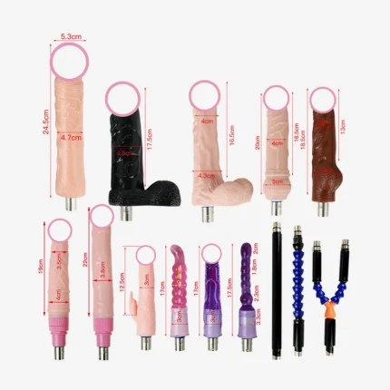 Comprehensive size chart for various 3-pin XLR compatible attachment heads including realistic sleeves, textured probes, and flexible extensions.