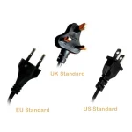 International power plug options including EU, UK, and US standards.