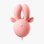 A front-facing studio shot of the pink deer-shaped clitoral stimulator featuring a soft-touch silicone body and dual-point stimulation tips.