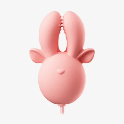 A front-facing studio shot of the pink deer-shaped clitoral stimulator featuring a soft-touch silicone body and dual-point stimulation tips.