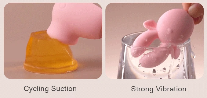 A dual-panel infographic showing the cycling suction mode on a soft jelly surface and the strong vibration intensity tested in a glass of water.