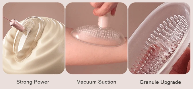 Three-part feature breakdown highlighting the strong power motor, vacuum suction capabilities, and the upgraded internal granule texture for intense stimulation.