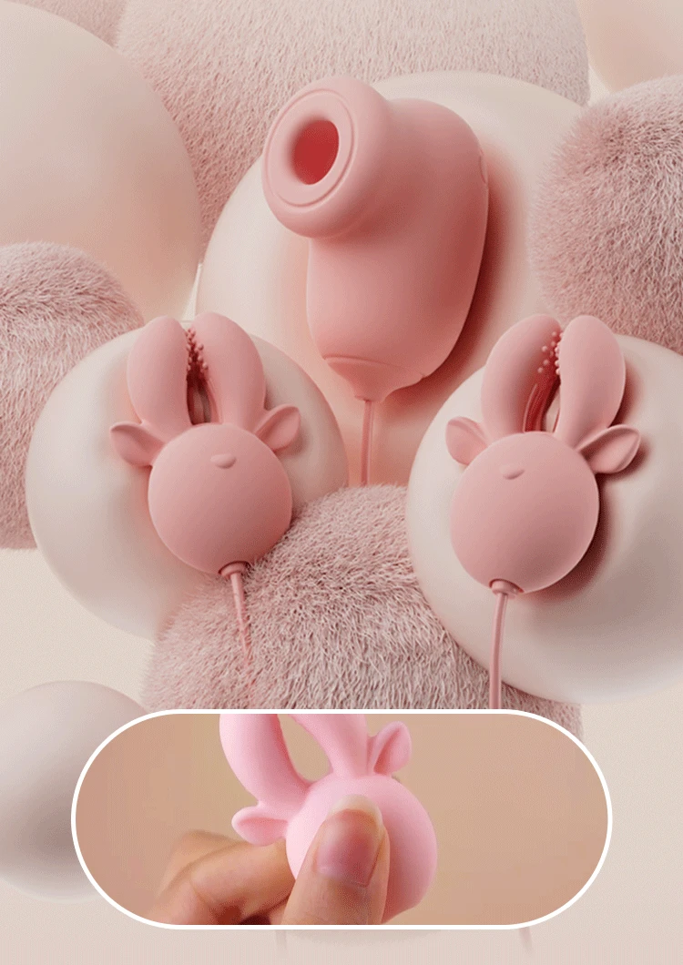 A lifestyle collage showing the deer-shaped vibrator and suction base among soft textures, highlighting the flexible silicone and compact, travel-friendly size.