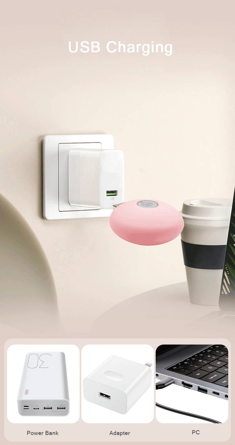 USB charging versatility for the HH Deer pink clitoral vibrator, showing compatibility with power banks, wall adapters, and laptops for travel-friendly power.