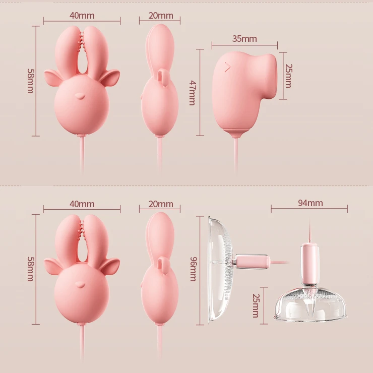 Detailed technical specifications and dimensions chart for the HH Deer nipple and clitoral stimulator, including height and width measurements in millimeters.