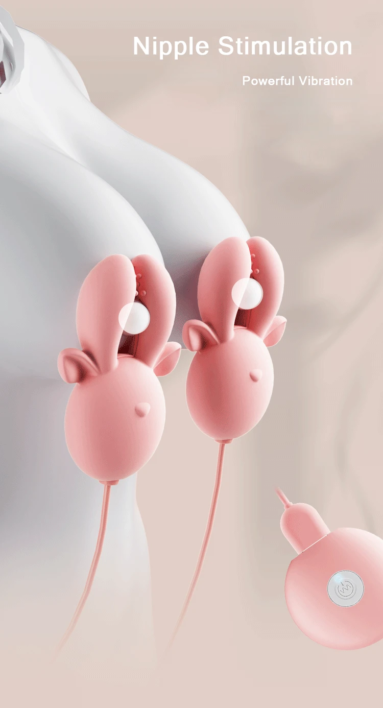 Demonstration of the deer-shaped vibrating clamps used as a nipple stimulation set on a mannequin, showcasing the powerful vibration and hands-free design.