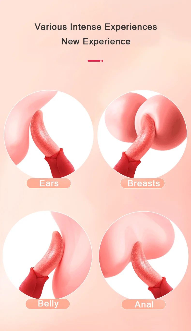 Collage showing the versatile application of the FlutterJoy tongue stimulator for full-body erogenous zone massage including breasts and belly.