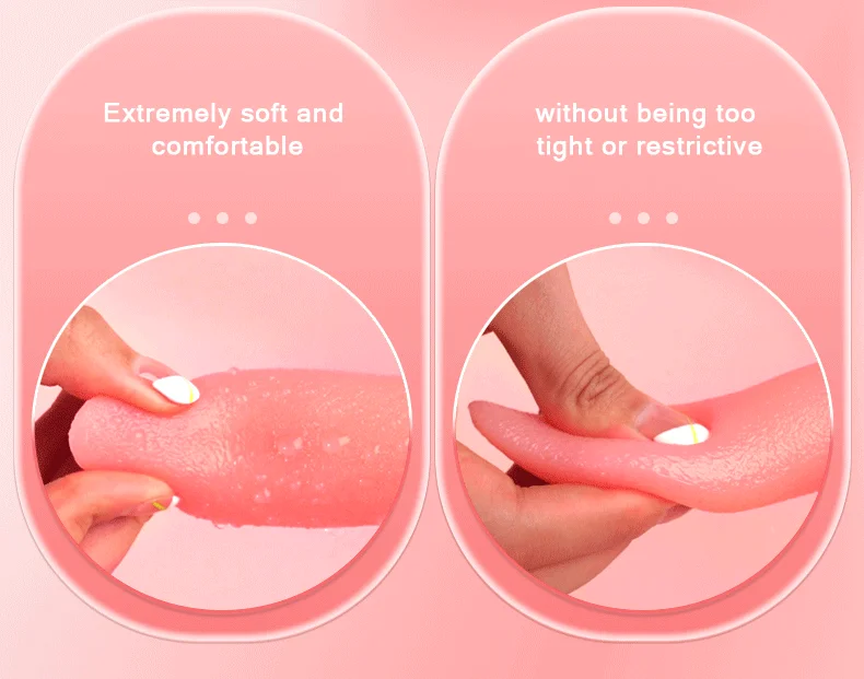 Close-up infographic demonstrating the ultra-soft and flexible silicone texture of the licking tongue stimulator.