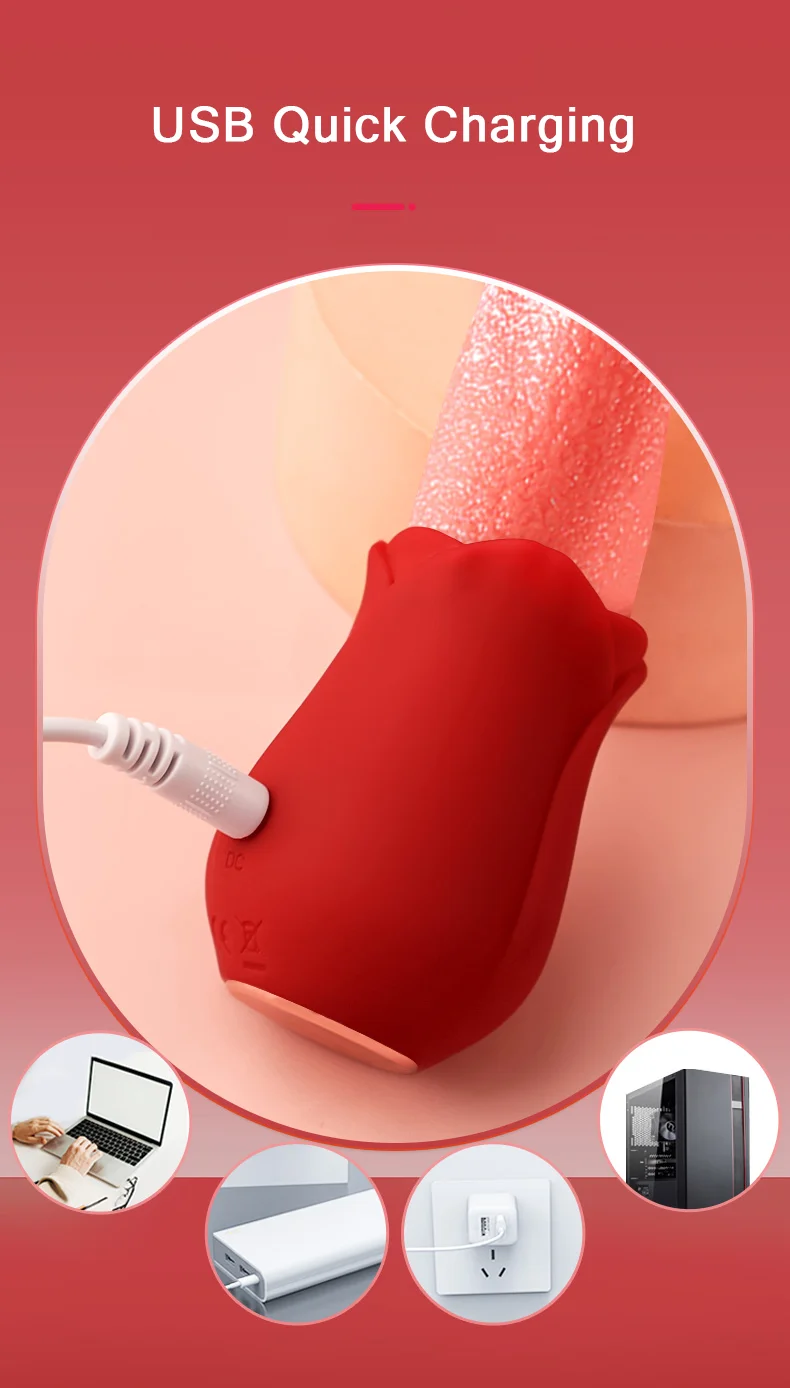 USB quick charging demonstration for the FlutterJoy vibrator with various compatible power sources like laptops and adapters.