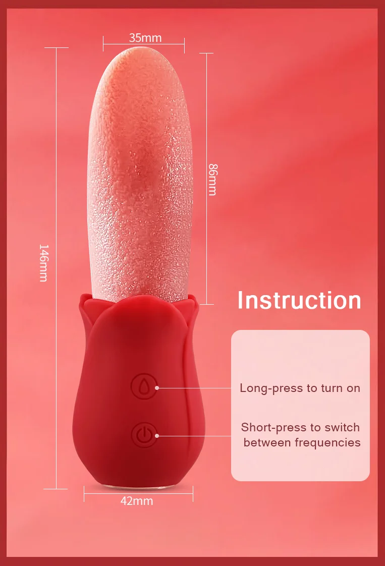 Detailed product dimensions and button instructions for the dual-mode clitoral stimulator and licking toy.