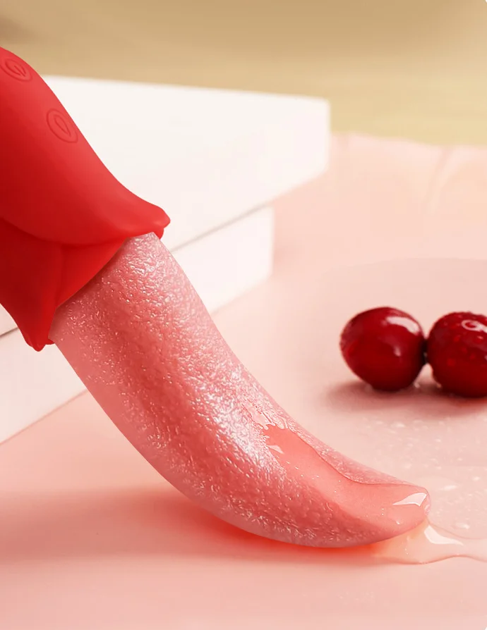 Lifestyle shot of the realistic oral massager featuring a moisture-mimicking texture for enhanced intimacy.