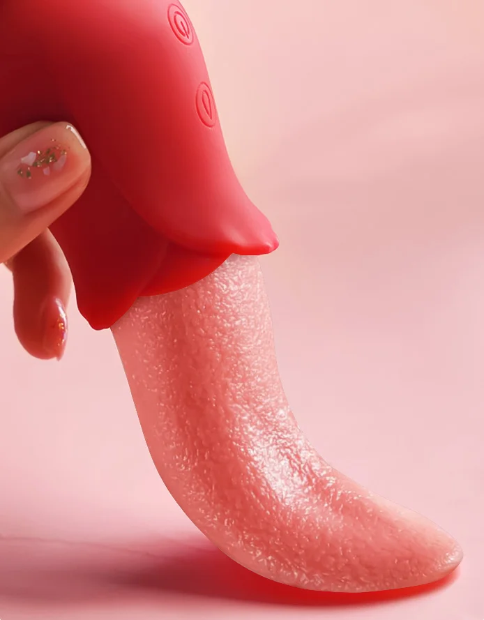 A hand holding the compact rose-shaped base of the FlutterJoy, showcasing its discreet and portable size.