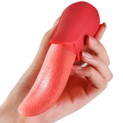 FlutterJoy handheld oral stimulator being held to show the ergonomic grip and accessible dual-button control interface.