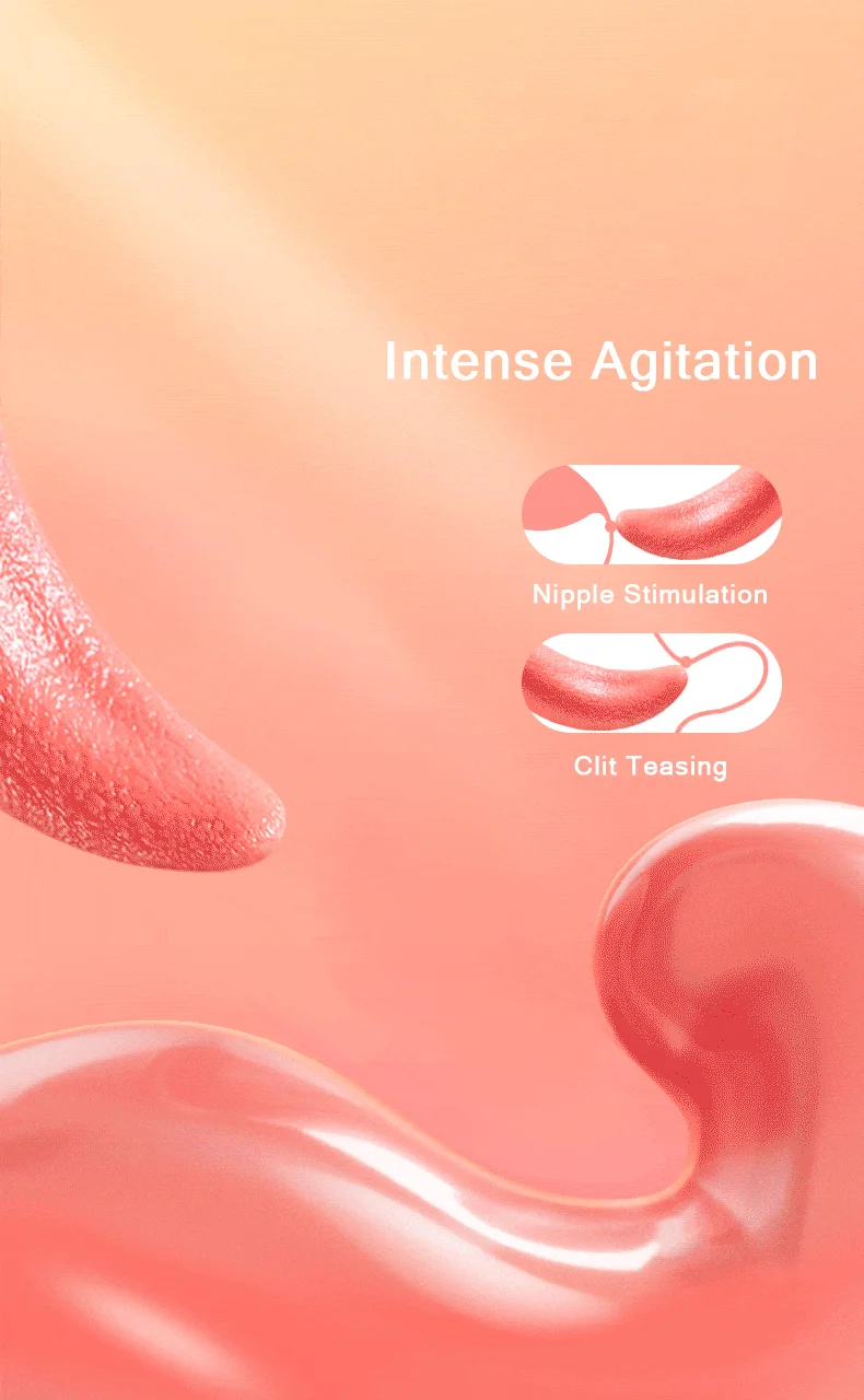 Close-up diagram illustrating the intense agitation and clit teasing capabilities of the red rose-shaped tongue vibrator.