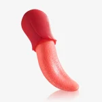 FlutterJoy rose-themed tongue vibrator with a realistic texture and ergonomic red silicone base.