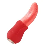 FlutterJoy rose-themed tongue vibrator with a realistic texture and ergonomic red silicone base.