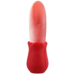FlutterJoy rose-themed tongue vibrator with a realistic texture and ergonomic red silicone base.