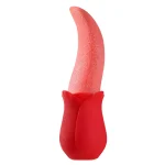 FlutterJoy rose-themed tongue vibrator with a realistic texture and ergonomic red silicone base.