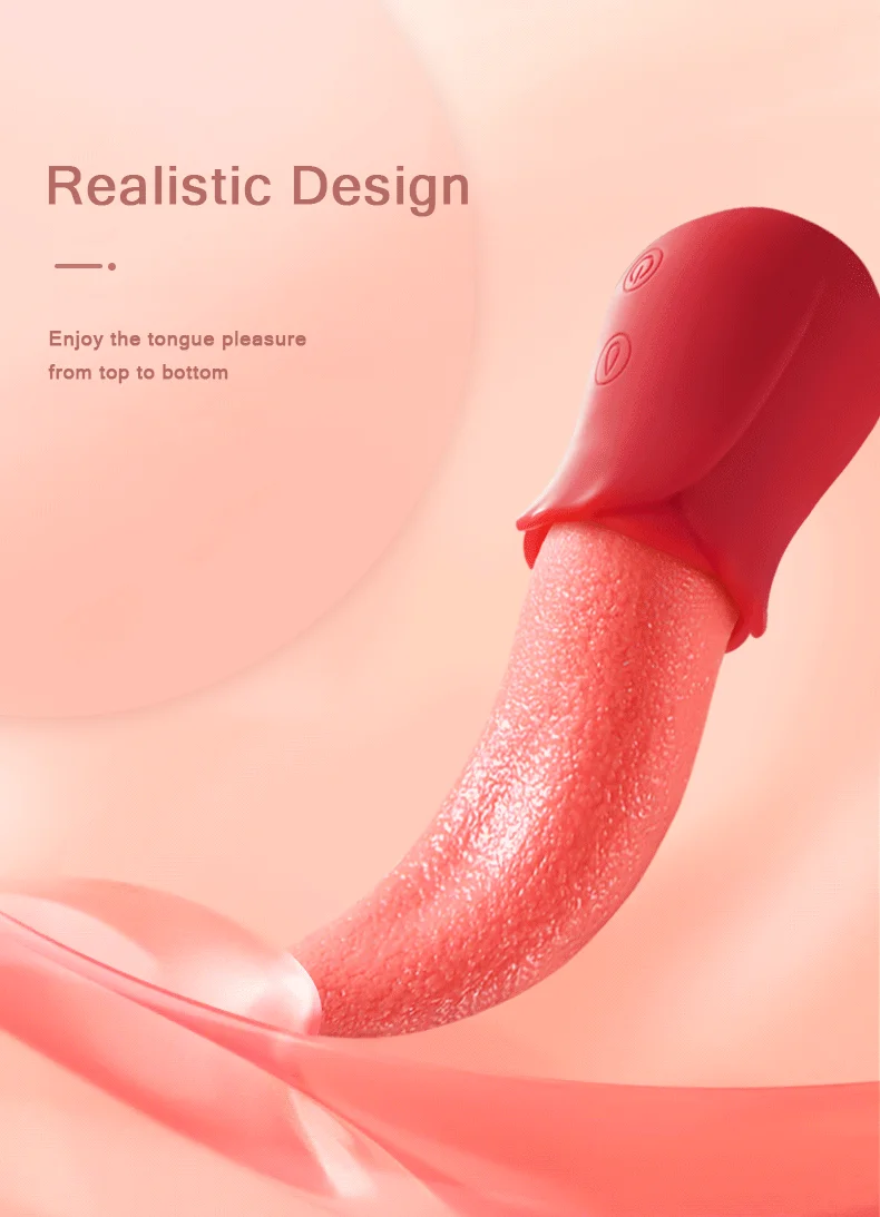 Realistic rose tongue vibrator design highlighting the ergonomic red handle and the natural-feeling silicone licking attachment.