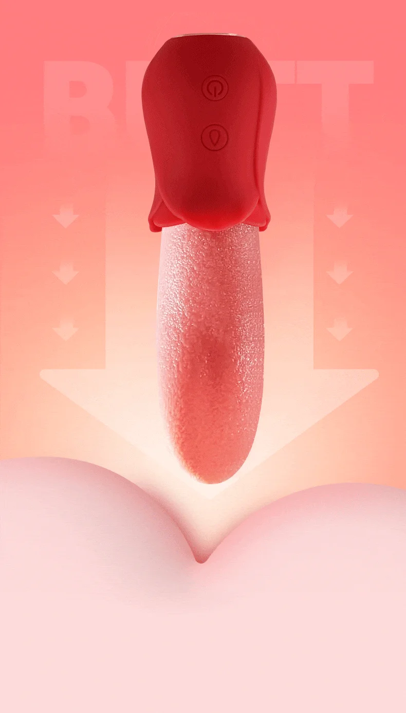 Front view of the FlutterJoy tongue stimulator with power and mode buttons, demonstrating a sleek and discreet handheld aesthetic.