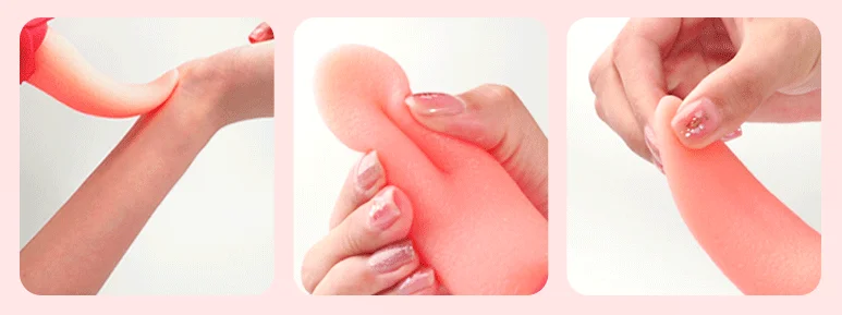 Three-panel demonstration of the ultra-flexible silicone material being squeezed and stretched to show durability and softness.