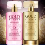 Pair of pink and gold pheromone-infused colognes for couples flirting.