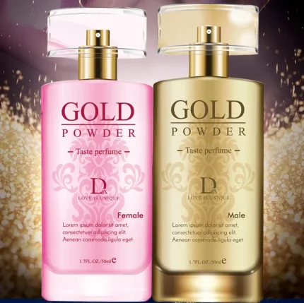 Pair of pink and gold pheromone-infused colognes for couples flirting.