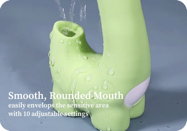 Detailed view of the smooth rounded mouth design with water droplets emphasizing its 10 suction settings.