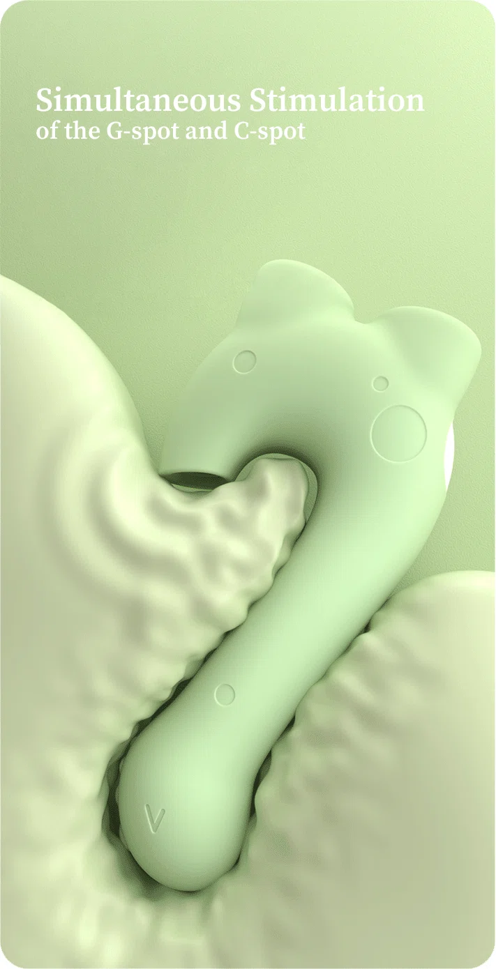 Dual-stimulation pleasure device designed for simultaneous internal and external massage in a soft mint green finish.