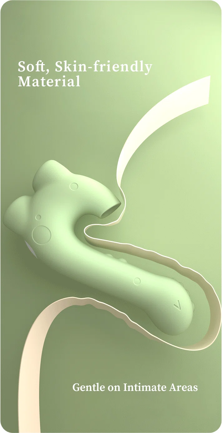 Close-up of the Little Dino vibrator featuring premium, skin-friendly liquid silicone material for gentle intimate use.