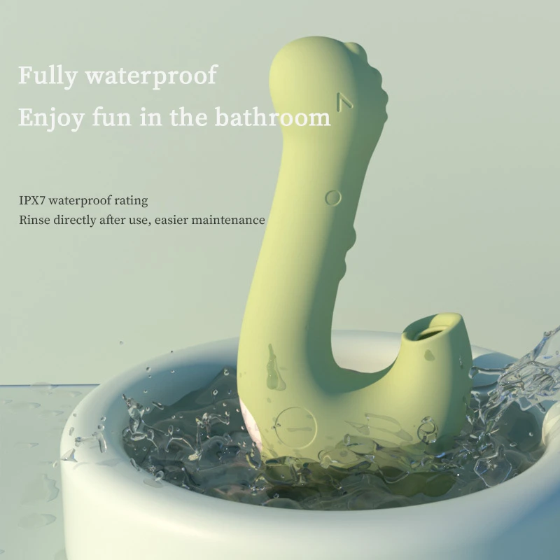 The Little Dino adult toy shown submerged in water to demonstrate its IPX7 waterproof rating for bath and shower use.