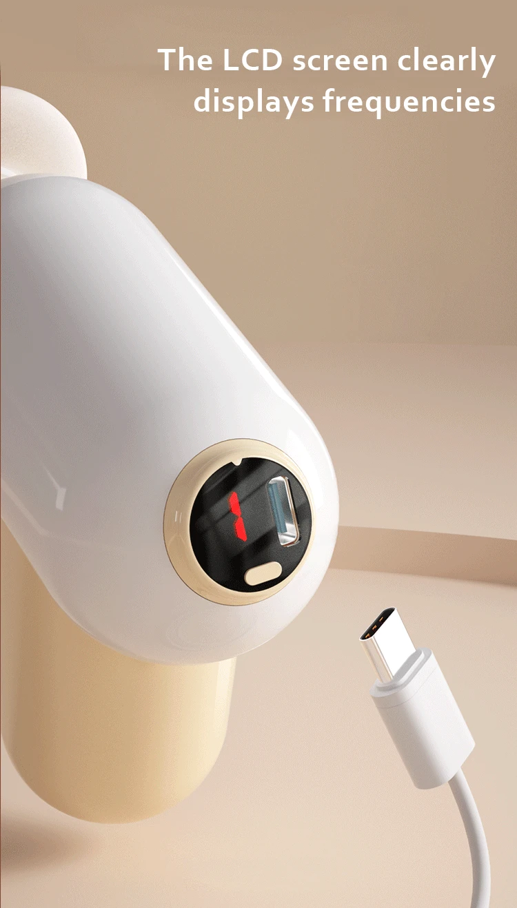 LCD display panel of personal massager showing frequency levels and Type-C charging port.