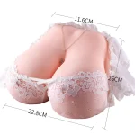 Size guide for lifelike breast torso adult toy showing width, height and top measurement details