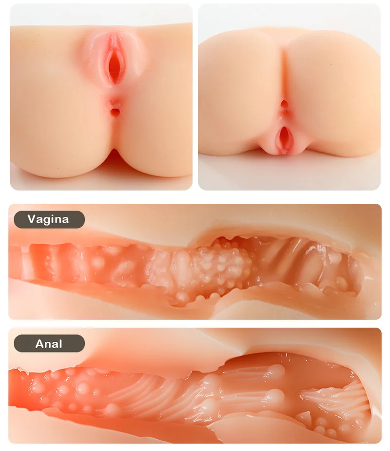 Dual-entry realistic butt masturbator showing front and rear openings with textured internal canals