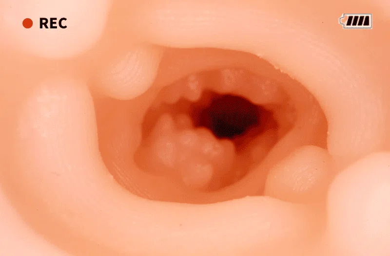 Close-up of textured inner canal in soft TPE pleasure device for layered stimulation