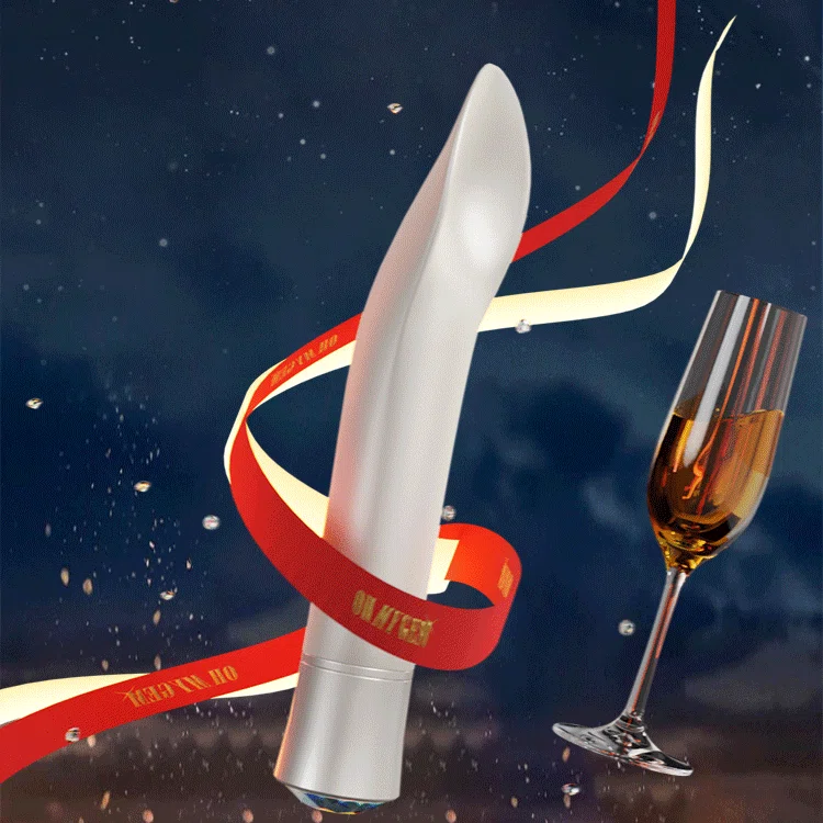 Luxury lifestyle shot of a white pearlescent pleasure device with decorative ribbons and a champagne glass against a starlit background.