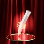 The Aura Tip rechargeable vibe displayed on a gold-rimmed pedestal with a red velvet curtain backdrop, emphasizing its premium design.