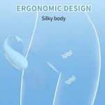Ergonomic design illustration of the silky-bodied clitoral stimulator showing how the curved tail provides targeted external stimulation.