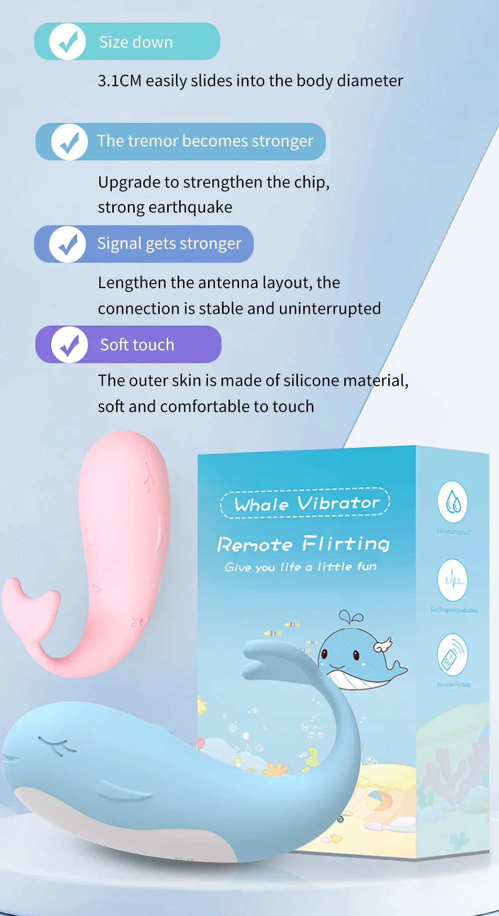 Feature breakdown of the petite 3.1cm diameter massager highlighting the upgraded vibration chip and stable long-range signal.