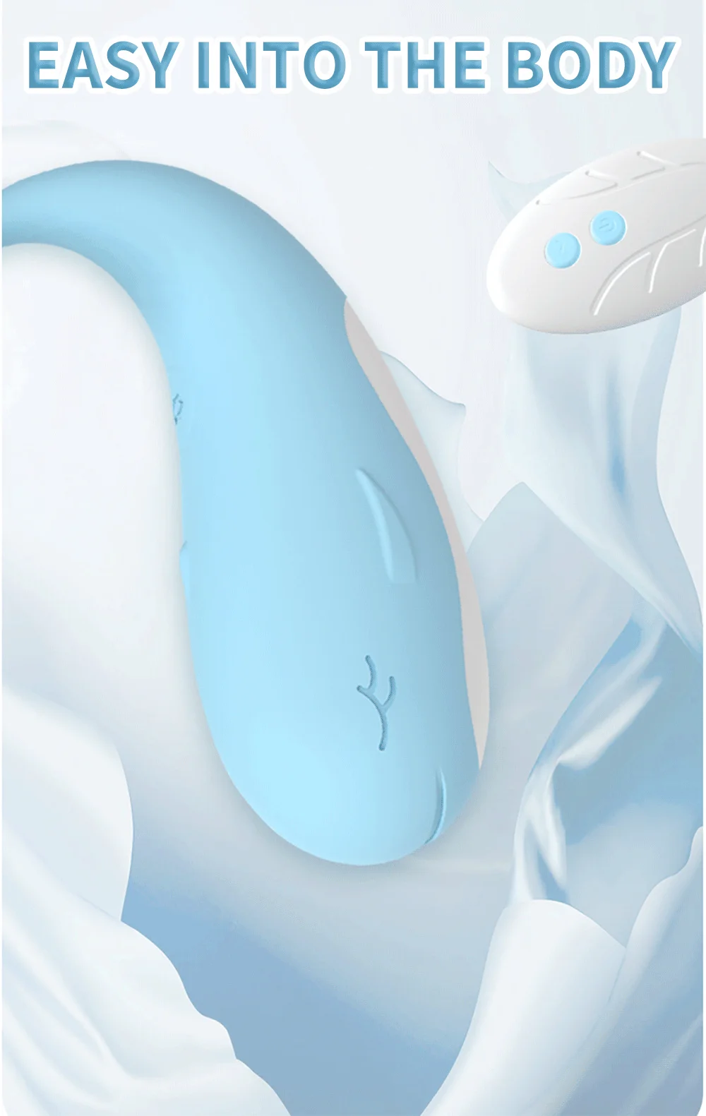Close-up of the smooth, seamless medical-grade silicone exterior of the blue whale-shaped wearable vibrator.