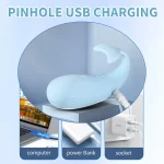 Infographic showing the pinhole USB charging port of the whale-shaped vibrator with compatible power sources including a laptop, power bank, and wall socket.