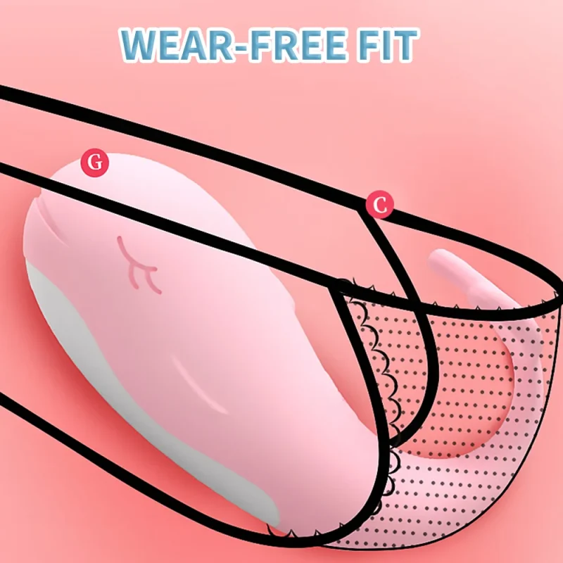 Diagram illustrating the "wear-free fit" design of the pink silicone massager, highlighting targeted G-spot and clitoral stimulation points for hands-free pleasure.