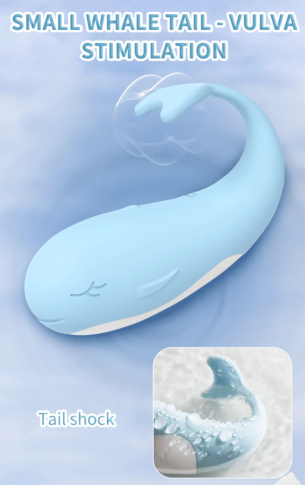 Detail shot of the flexible whale tail providing external vulva stimulation with a "tail shock" waterproof feature demonstrated under splashing water.