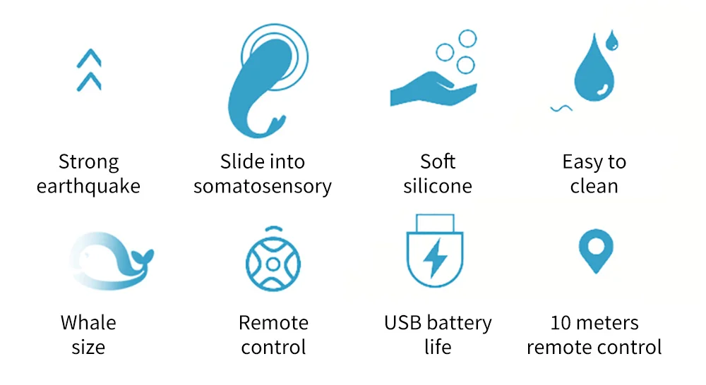 Icon set summarizing key product features: strong vibrations, body-safe soft silicone, remote control functionality, and 10-meter wireless range.