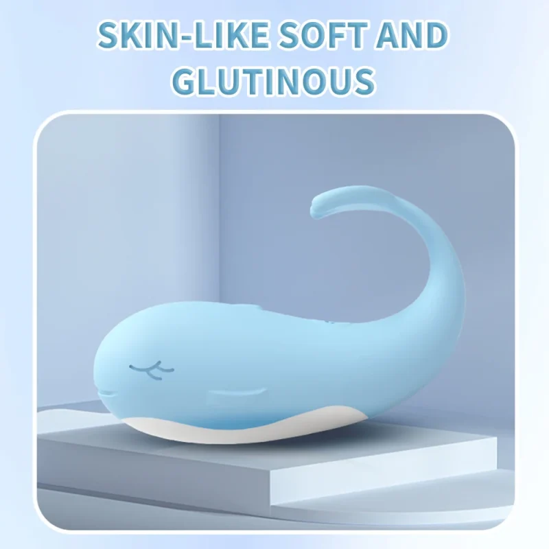 Close-up of the skin-safe medical-grade silicone texture on a soft blue whale pleasure device for sensitive skin.