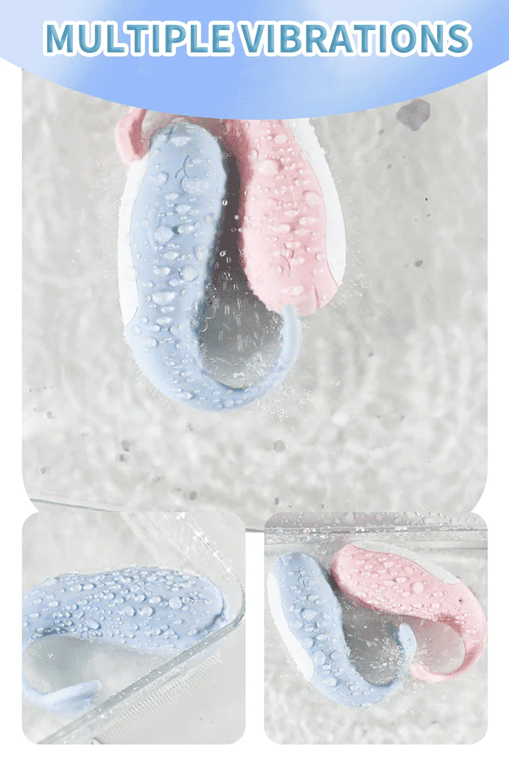 Waterproof rating demonstration of the blue and pink whale massagers submerged in water for shower or bath play.