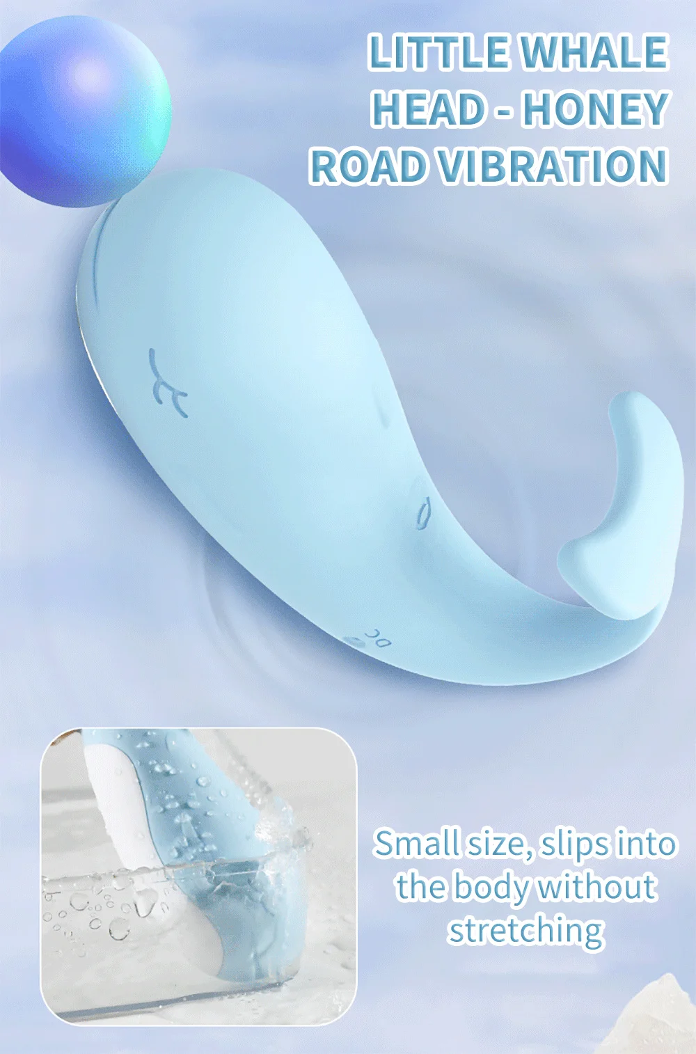 Detailed view of the small whale-shaped head designed for precise internal stimulation and comfortable insertion.
